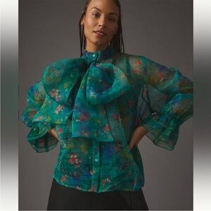 Anthropologie Teal Floral Sheer Blouse